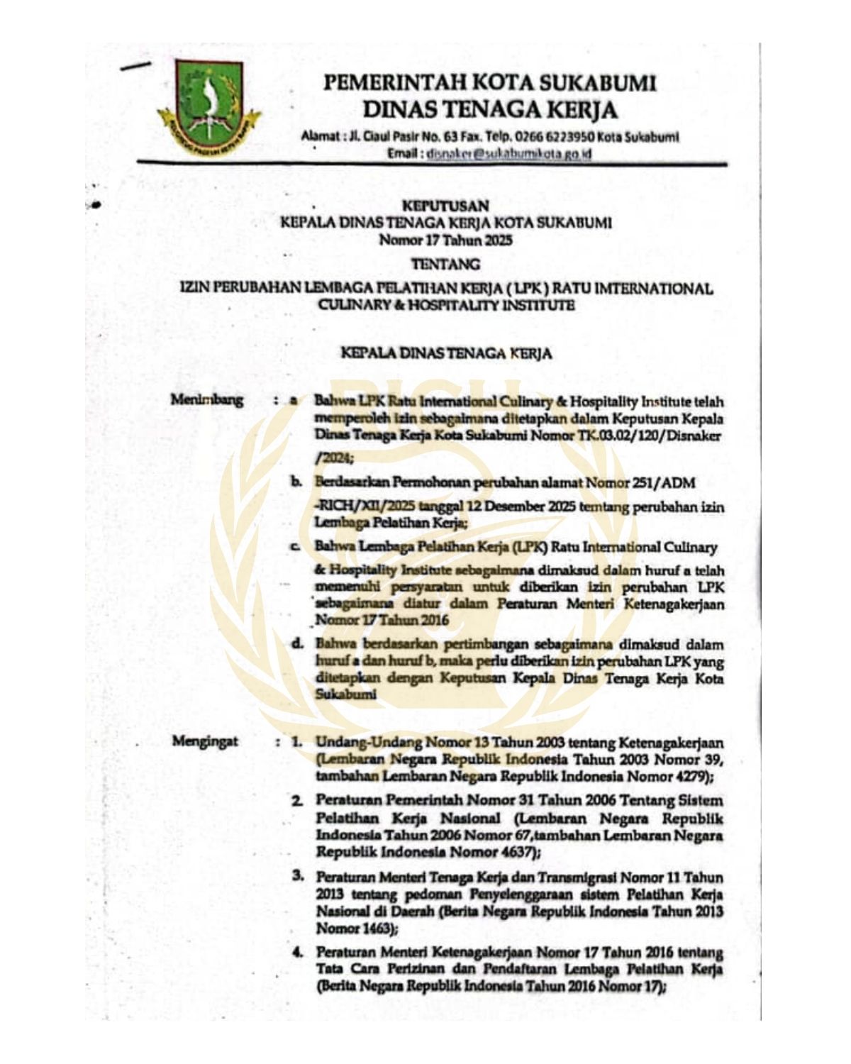 Izin Lembaga Pelatihan Kerja Ratu International Culinary & Hospitality Institute