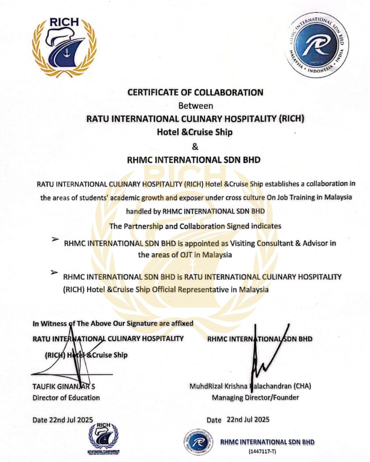 Certificate of Collaboration dengan RHMC International SDN BHD
